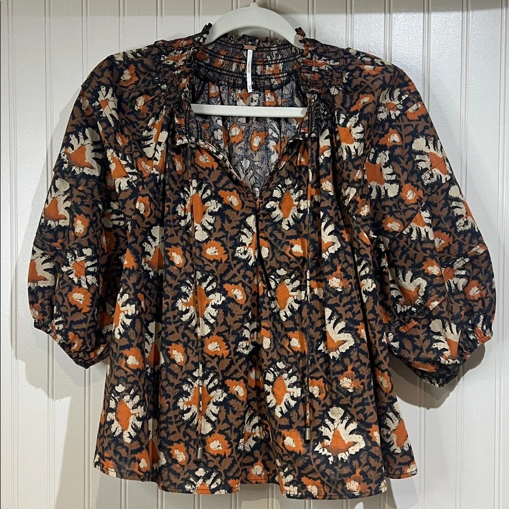Free People Women’s Willow Print Puff Sleeve 100% Cotton Blouse Size XS